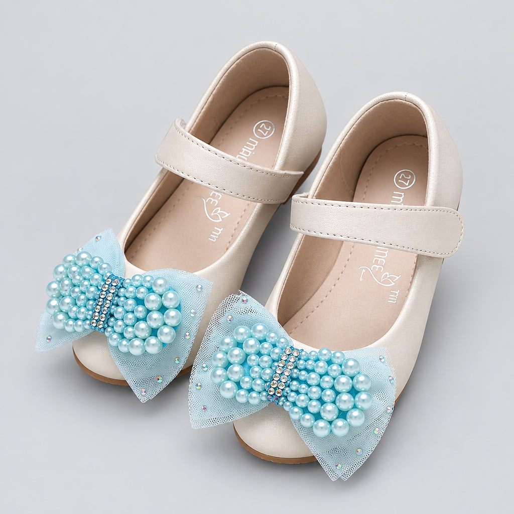 Beige blue pearl princess shoes for girls