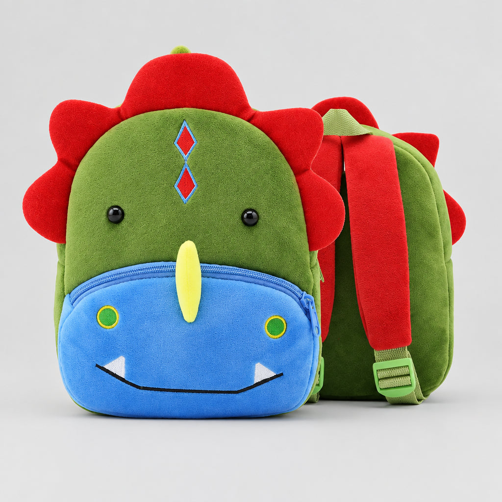 Kids plush backpack measuring 26 by 24 by 10 cm